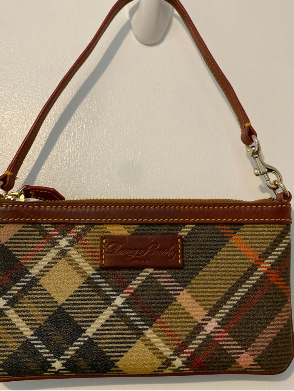 Dooney & Bourke Brown Plaid Canvas Zip Pouch with Leather Trim - Picture 2 of 10